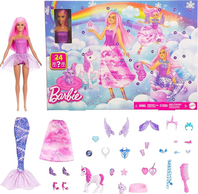 Barbie Advent Calendar with Doll & 24 Surprise Toy Accessories Including Unicorn & Pets, Transform Fashion Doll into Mermaid, Fairy & More