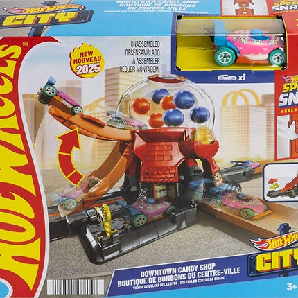 Hot Wheels Toy Car Track Set, Gumball Machine Playset with 1:64 Scale Die-Cast Donut-Shaped Vehicle & Speed Snap Track, Downtown City Candy Shop
