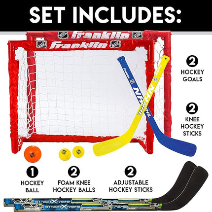 Franklin Sports - NHL Kids Folding Hockey Goals Set - (2) Street Hockey & Knee Hockey Goals - (2) Adjustable Youth Hockey Sticks, (2) Knee Hockey Sticks, (2) Mini Hockey Balls + (1) Street Hockey Ball