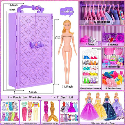 11.5 inch Doll and Doll Accessories - 101 Pcs Doll Closet Playest Including Shoes Rack,Dress,Shoes Hangers Accessories