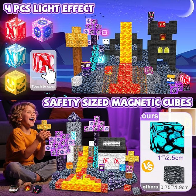 170PCS Magnetic Blocks,1" Light Up Magnetic Building Blocks, Magnets Cubes for Kids to Build 3D Dark Castle Stacking Toddler Set,SETM Sensory Toys for Kids 3+ Ages Boys Girls Christmas Birthday Gifts