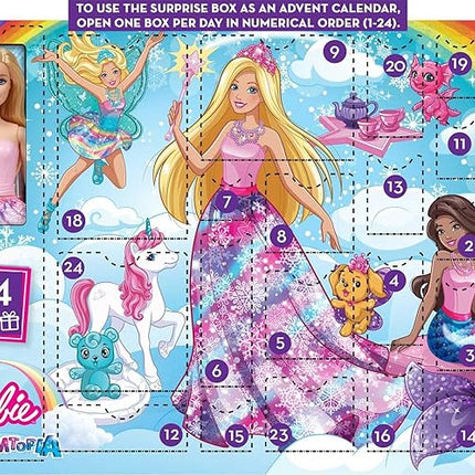Barbie Dreamtopia Advent Calendar, Fantasy-Themed with 24 Surprises, Daily Toys Include Barbie Fashion Doll, Pets, Clothes & Accessories Like Mermaid Tail & Wings