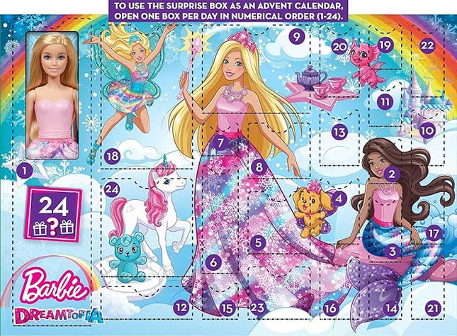 Barbie Dreamtopia Advent Calendar, Fantasy-Themed with 24 Surprises, Daily Toys Include Barbie Fashion Doll, Pets, Clothes & Accessories Like Mermaid Tail & Wings