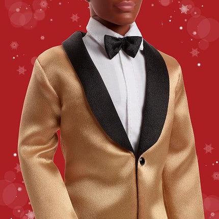 Barbie Signature 2025 Holiday Dark Brown Hair Ken Collectible Fashion Doll Wearing Full Suit with Golden Jacket in Displayable Packaging & Doll Stand