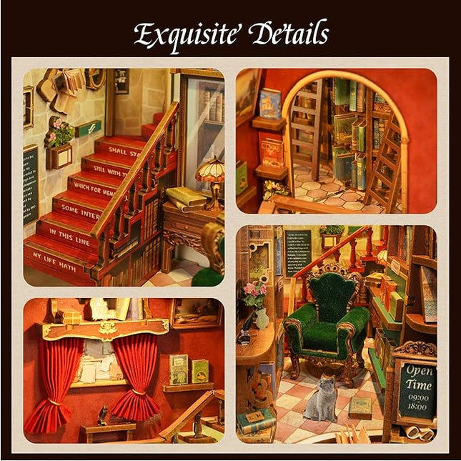Tonecheer DIY Book Nook Kit for Adults, 3D Wooden Puzzle Bookend Bookshelf Insert Library Bookstore Model Decor, Booknook Miniature Dollhouse with Sensor LED Light for Gifts (Left Bank Bookstore)