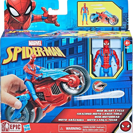 Marvel Spider-Man Web Blast Cycle, 4-Inch Action Figure with Vehicle and 2 Web Projectiles, Kids Playset for Ages 4 and Up