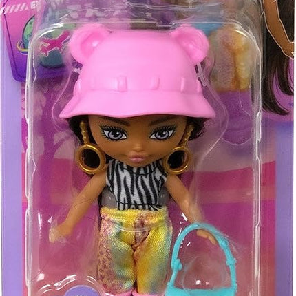 Barbie Extra Mini Minis Travel Doll with Brunette Hair, Zebra-Print Hoodie, Leopard-Print Joggers & Safari Accessories, 3.25-inch