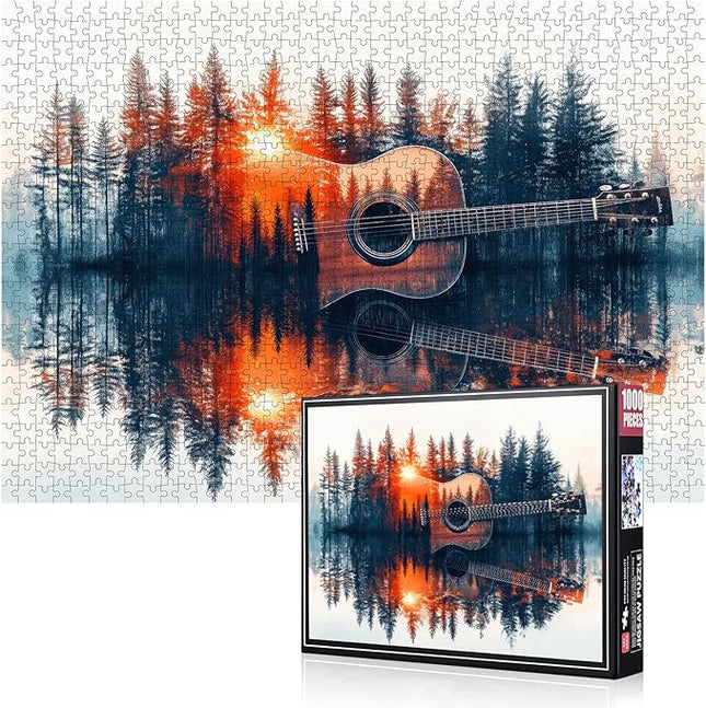 1000pcs Forest Guitar Jigsaw Puzzle - Large Paper Puzzle for Adults, Family Fun, Brain Teaser, DIY Decorative Gift, Print, Rectangular Shape, Adult Brain Teaser, Sunset Scenery Puzzle