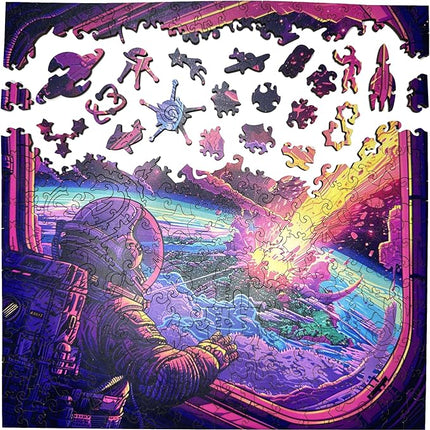Wooden Jigsaw Puzzle for Adults - Challenging 300 Piece Puzzle with Cool Shapes - Space Astronaut Meteor Puzzle Art - Paranormal Collection (Cosmic Collision)