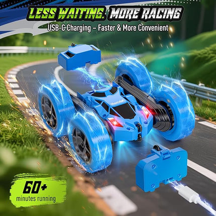 RC Stunt Car for Kids, 360° Flip Double Sided Remote Control Vehicle with Headlights, USB-C Rechargeable 4WD Toy, 2.4GHz Electric Car for Boys and Girls (Blue)