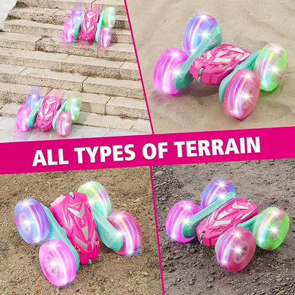 Remote Control Car for Girls 3-12 with Flashing Light, Toys 4 5 6 7 8 9 Years Old Girl Birthday Gifts Idea, RC Cars Stunt 4WD 2.4Ghz Double Sided 360° Flip, Present for Kids, Christmas, Pink