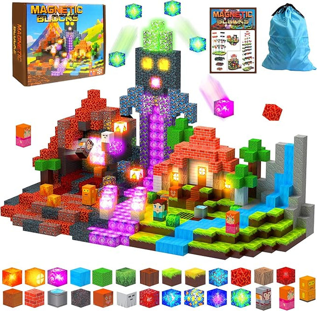 Magnetic Tiles Building Blocks for Kids Ages 3+, STEM Toys for Toddlers, 200PCS Magnetic Construction Set with Storage Bag, Educational Birthday Gifts for Boys & Girls (Volcano)