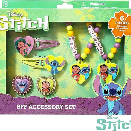 LUV HER Disney Stitch Girls BFF 6 Piece Toy Jewelry Box Set with 2 Rings, 2 Bead Bracelets and Snap Hair Clips Ages 3+