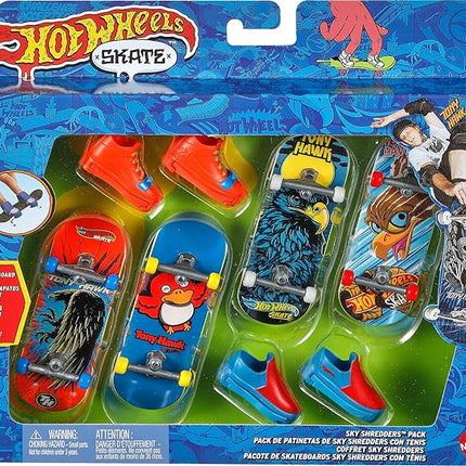 Hot Wheels Skate Tony Hawk Fingerboard & Removable Skate Shoes Multipack, 4 Fully Assembled Boards, 2 Pairs of Skate Shoes, 1 Exclusive Set (Styles May Vary)