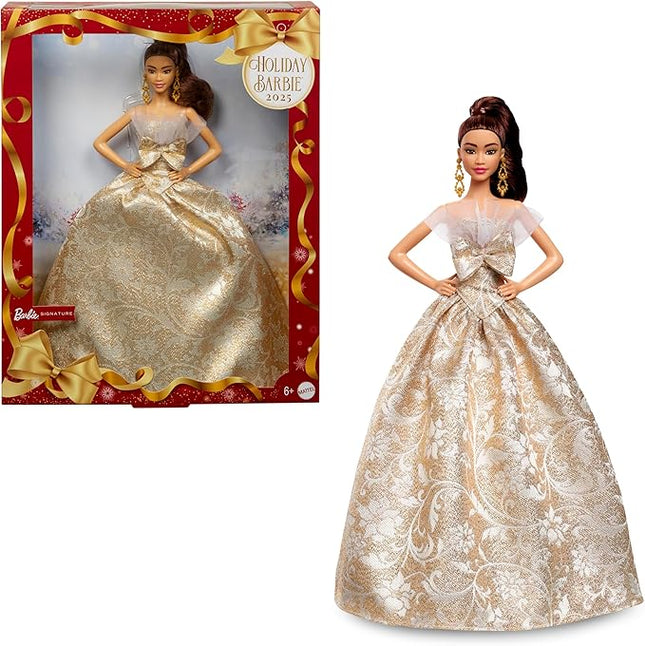 Barbie Signature 2025 Holiday Light Brown Hair Fashion Doll Wearing Silver & Gold Gown, Seasonal Collector in Displayable Packaging & Stand