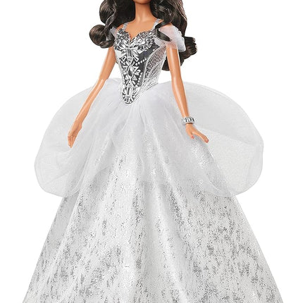 Barbie Signature 2021 Holiday Doll (12-inch, Brunette Hair) in Silver Gown, with Doll Stand and Certificate of Authenticity, Gift for 6 Year Olds and Up