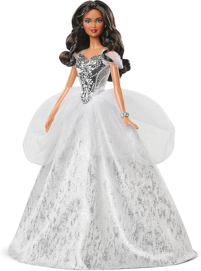 Barbie Signature 2021 Holiday Doll (12-inch, Brunette Hair) in Silver Gown, with Doll Stand and Certificate of Authenticity, Gift for 6 Year Olds and Up
