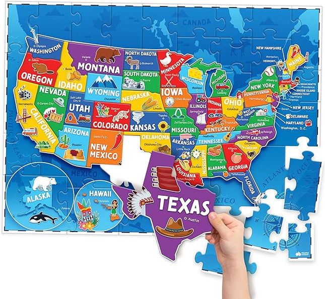 United States Puzzles for Kids Ages 4-6 - Educational Toys for Boys & Girls - 70Pcs USA Map Kids Puzzle with 50 States & Capitals - Floor Jigsaw Puzzles, Learning Activities, Valentine Gifts for Kids