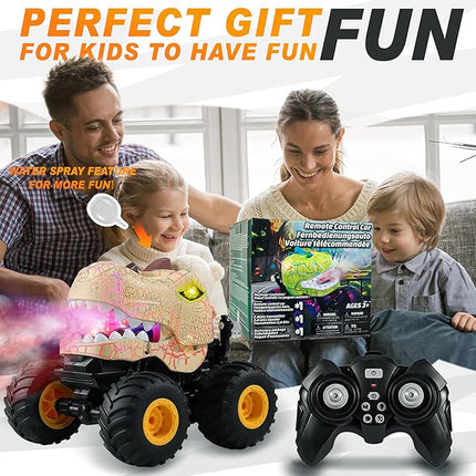 BEZGAR Monster Truck Toys - Remote Control Monster Truck with Spray, Light, Music, Dinosaur Toys for Kids, 1:20 Scale RC Truck with 360° Spins and Drifting, Remote Control Car for Boys 4-7 Golden