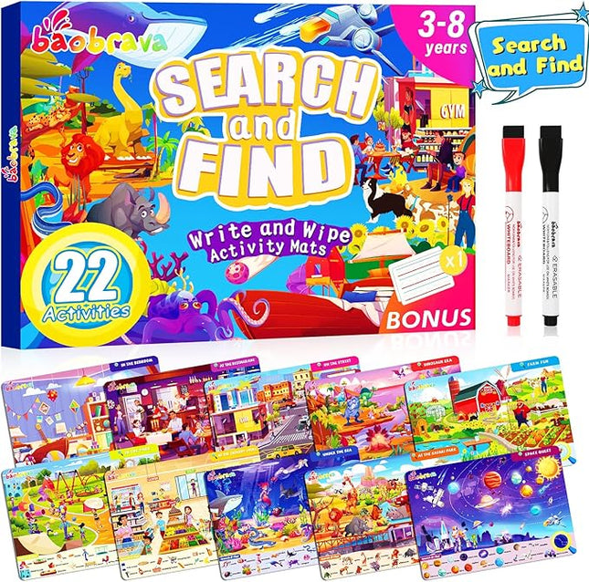 Baobrava Search and Find Game Books - Preschool Learning Activities for Kids Age 3-8, Travel Games for or Road Trip Car Airplane, Educational Seek Activity Birthday Gifts for Boys and Girls
