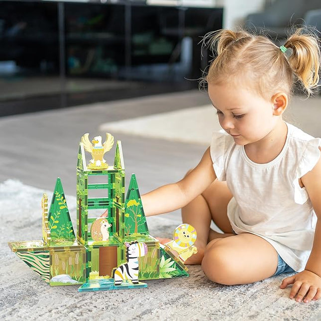 PicassoTiles Magnet Tile Building Block Safari Themed Set with 8 Compatible Magnetized Animal Action Figures Build Blocks Toddler Creativity Toys STEAM Educational Learning Skills Ages 3+ PTQ12