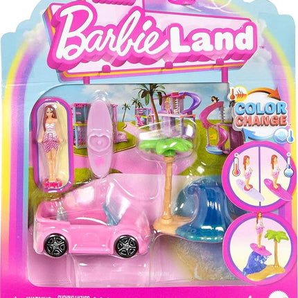 Barbie Mini BarbieLand Doll & Toy Vehicle Set, 1.5-inch Doll & Beach Convertible with Color-Change, Plus Beach Accessory