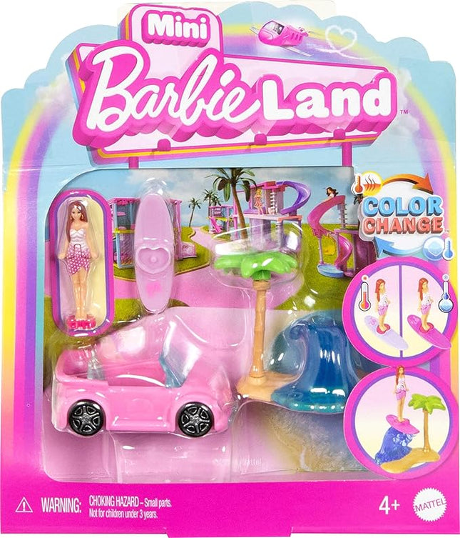 Barbie Mini BarbieLand Doll & Toy Vehicle Set, 1.5-inch Doll & Beach Convertible with Color-Change, Plus Beach Accessory