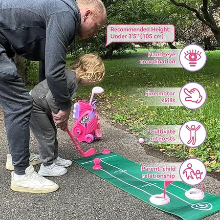 Liberry Toddler Golf Set with Putting Mat for 2 3 4 Years Old Boys Girls, Upgraded Kids Golf Cart with Unique Shoulder Strap Design, Indoor and Outdoor Golf Toys Gifts (Pink)