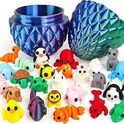 25 pcs Mini 3D Printed Animal Figurines Set with Dragon Egg: Articulated, Flexible, and Exquisitely Cute Fidget Toys for Play and Display for Valentine's Day, Easter, Bithday.