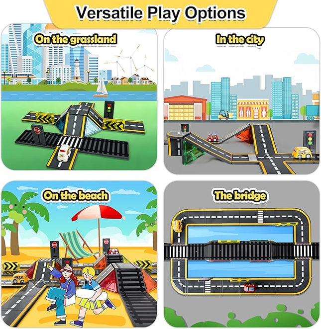 72pcs Upgraded Magnetic Tiles Road & Train Dual-Sided Expansion Pack, Magnetic Building Blocks Construction Toys for 3+Year Old Boys & Girls, Montessori Toys for Toddler, STEM Learning Gifts