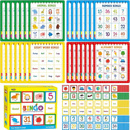 Family Bingo Game, Alphabet Animal Sight Word and Number Bingo Board Game, Counting and Matching Skills Classic Educational Game for Kindergarten and Preschool Kids, Perfect for Home and Classroom
