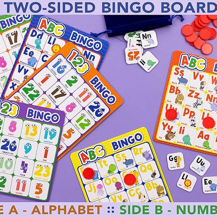 Party Hearty Alphabet and Number, ABC and 123 Bingo Board Game for Kindergarten and Preschool Kids Learn to Read Fun 2 Versions for Ages 4 and Up (Animal Edition)