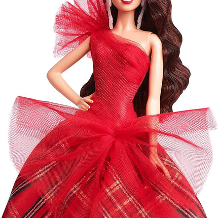 Barbie Signature 2024 Holiday Dolls, Seasonal Collector Gift, Plaid Gown with Red Bow, Displayable Packaging, Dark Brown Hair