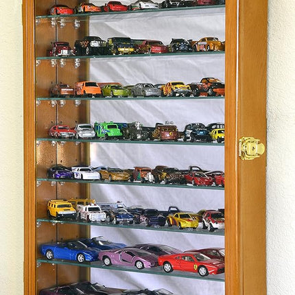 7 Adjustable Shelves Mirrored Hot Wheels/Matchbox/Diecast Cars / 1/64 1/43 Model Display Case Cabinet, Oak
