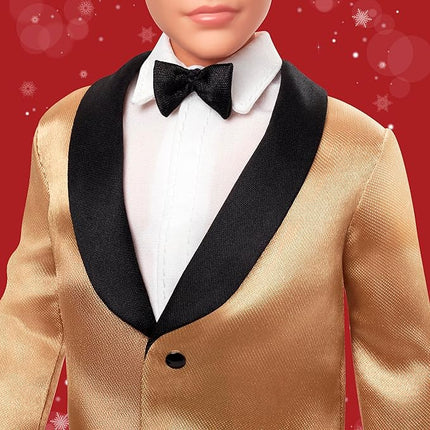 Barbie Signature 2025 Holiday Blonde Ken Collectible Fashion Doll Wearing Full Suit with Golden Jacket in Displayable Packaging & Doll Stand