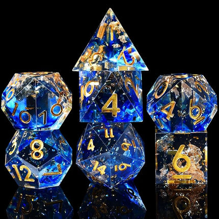 AUSTOR 7-Die DND Dice Set Handmade Sharp Edge Polyhedral Dice for Dungeons and Dragons RPG MTG Table Games（Tranlucent Blue with Glod Sequins）
