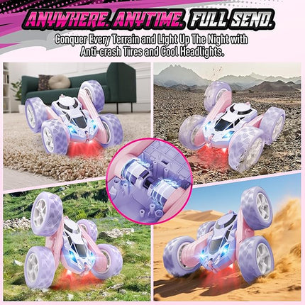 360° Flip RC Car for Girls, Upgraded Dual-Sided Stunt Car with Headlights, 2.4GHz 4WD Remote Control, USB-C Rechargeable Toy Gift for Kids Ages 6+ (Pink-Purple)