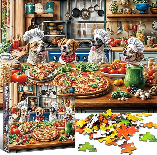 Funny Dog Pizza Jigsaw Puzzle, 1000 Piece Puzzle for Adults, Food Kitchen Jigsaw Puzzle, Animal Pet Lover Challenging Puzzles, Home Decoration Puzzle, Interlock Perfectly No Dust