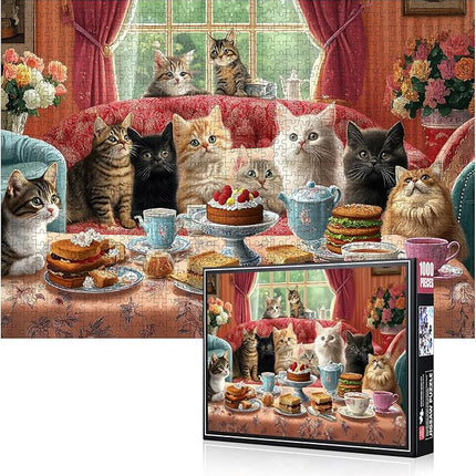 Cat Eating Cake Jigsaw Puzzle 1000pcs - Adult Jigsaw Puzzles Large DIY Brain Teaser for Family Fun, Scratch-Resistant Paper Puzzles, Home Decor Gift with Adorable Kitten Scene Adults Puzzle