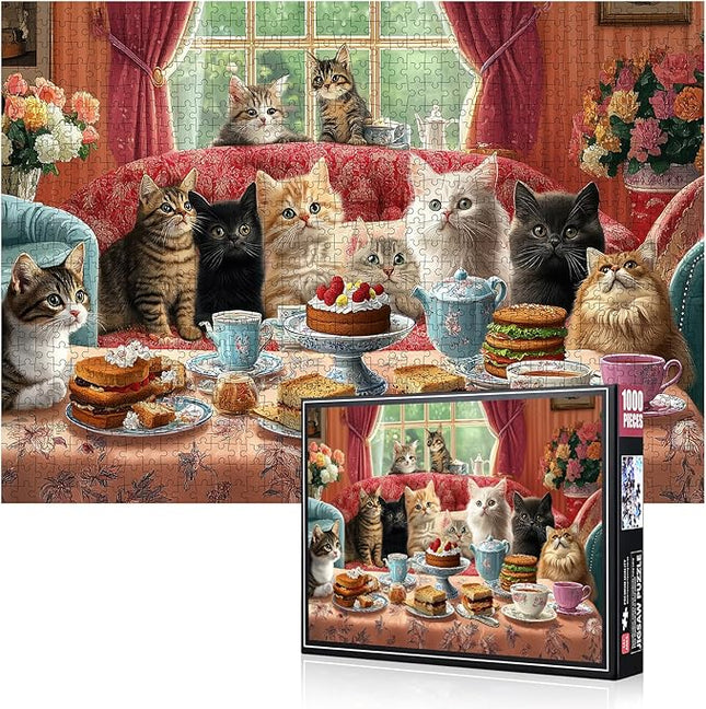 Cat Eating Cake Jigsaw Puzzle 1000pcs - Adult Jigsaw Puzzles Large DIY Brain Teaser for Family Fun, Scratch-Resistant Paper Puzzles, Home Decor Gift with Adorable Kitten Scene Adults Puzzle