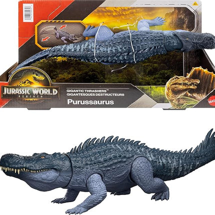 Mattel Jurassic World Rebirth Gigantic Thrashers Dinosaur Figure, Purussaurus Large Species Toy, 2 Rampage Attacks, Digital Play