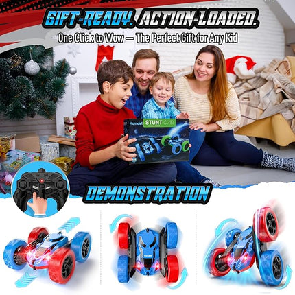 Remote Control Stunt Car for Boys, Upgraded 4WD 360° Rotating Racer with Lights, USB-C Rechargeable RC Toy Car 2.4GHz High-Speed for Kids Ages 6+ (Red-Blue)