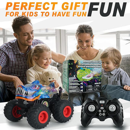 BEZGAR Monster Truck Toys - Remote Control Monster Truck with Light & Music, Dinosaur Truck for Kids, 1:20 Scale RC Truck with 360° Spins and Drifting, Remote Control Car for Boys 4-7 BlueShark