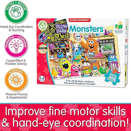 Learning Journey International Puzzle Doubles Glow in The Dark – Monsters – 100 Piece Glow in The Dark Preschool Puzzle (3 x 2 feet) – Educational Gifts for Kids Ages 3 and Up, Multicolor (115657)