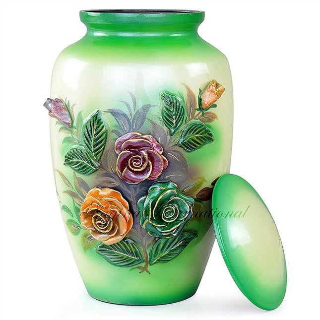 11" 3D Carved Decorative Flowers Aluminum Metal Cremation Urns for Human Ashes | Hand-Crafted Large Urn for Adult Cremation (Roses Green)