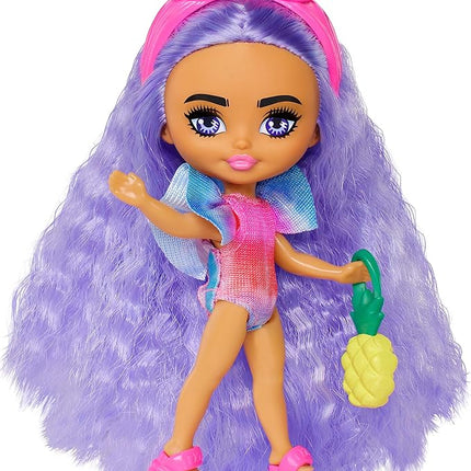 Barbie Extra Mini Minis Travel Doll with Lavender Hair, Tie-Dye Swimsuit with Puff Sleeve & Beach-Themed Accessories