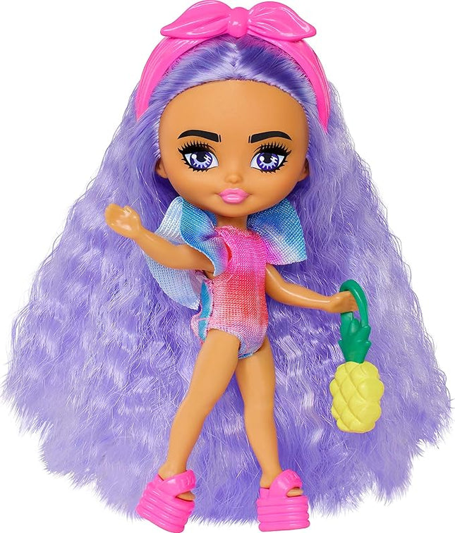 Barbie Extra Mini Minis Travel Doll with Lavender Hair, Tie-Dye Swimsuit with Puff Sleeve & Beach-Themed Accessories
