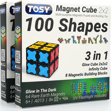 TOSY Magnet Cube 2x2 - 8 Blocks, 2 in 1 Toy: 2x2x2 Puzzle Cube and Customizable Infinity Cube, Glowing, UV Flashlight, Fidget/STEM/STEAM Magnet Tiles Birthday Gift for Kids/Teens/Adults, 2-Pack