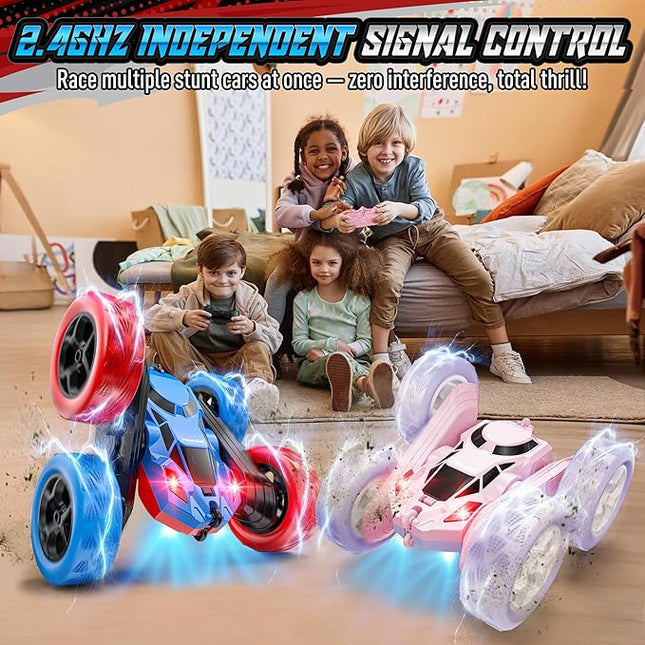 Remote Control Stunt Car for Boys, Upgraded 4WD 360° Rotating Racer with Lights, USB-C Rechargeable RC Toy Car 2.4GHz High-Speed for Kids Ages 6+ (Red-Blue)