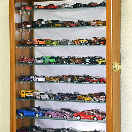 7 Adjustable Shelves Mirrored Hot Wheels/Matchbox/Diecast Cars / 1/64 1/43 Model Display Case Cabinet, Oak